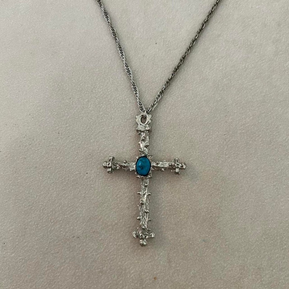 Y2K sterling silver cross pendant necklace with central turquoise gemstone
